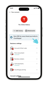 Countingup app on an iPhone with referral banner