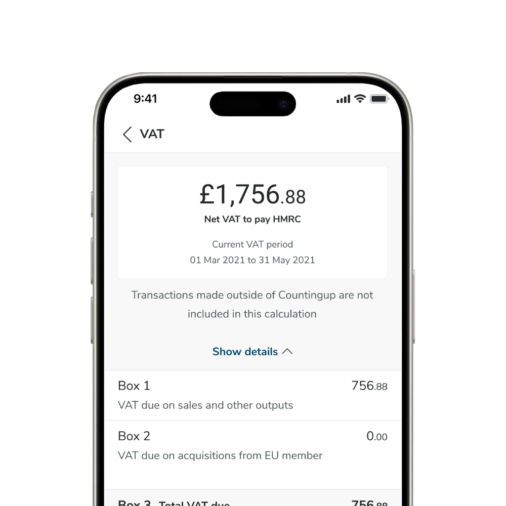 Screen in Countingup app showing VAT return with £1,756.88 VAT due to HMRC